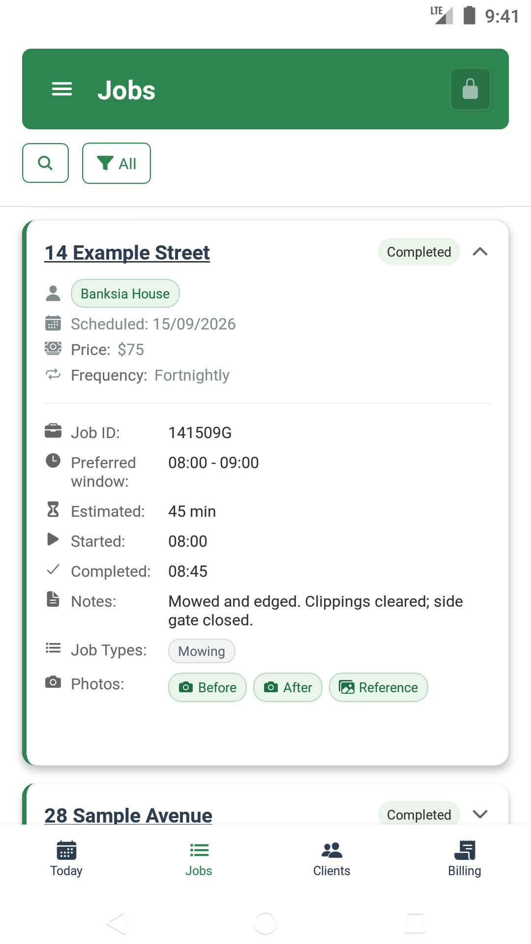 Android app showing a completed mowing visit, with the AUD 75 price, work times, notes and before-and-after photo controls