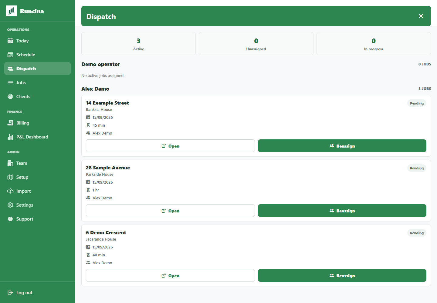 Desktop dispatch showing Alex Demo assigned to 14 Example Street and two other stops, with three active jobs and none unassigned
